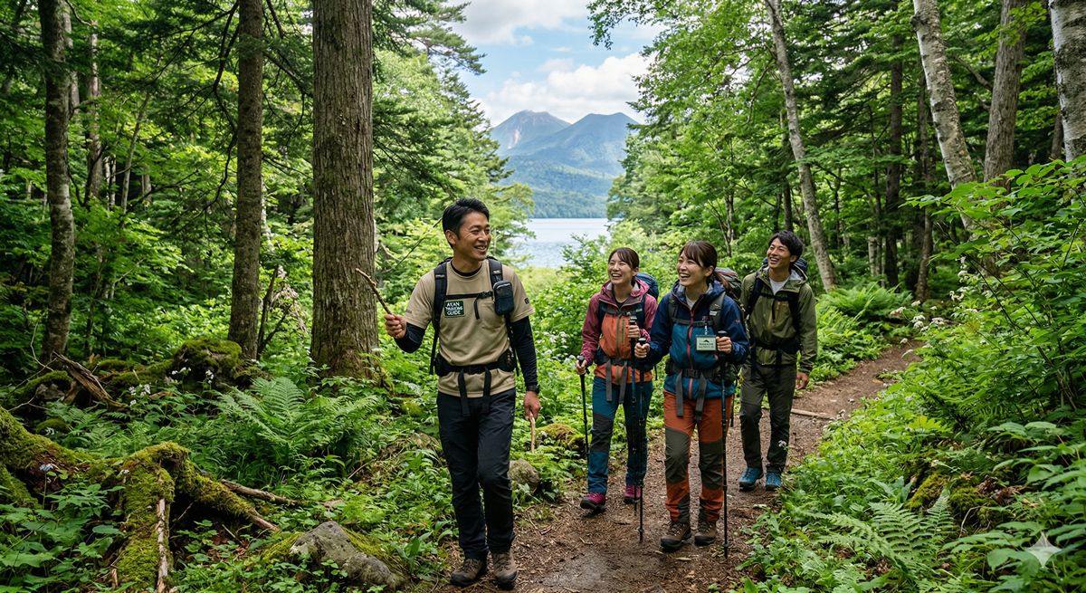 緑豊かな阿寒湖畔の森の中を、笑顔でトレッキングしている参加者とガイドの風景