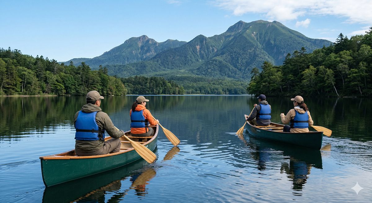 波の穏やかな阿寒湖で、雄大な山々を背景にカヌーを楽しんでいる人たちの後ろ姿