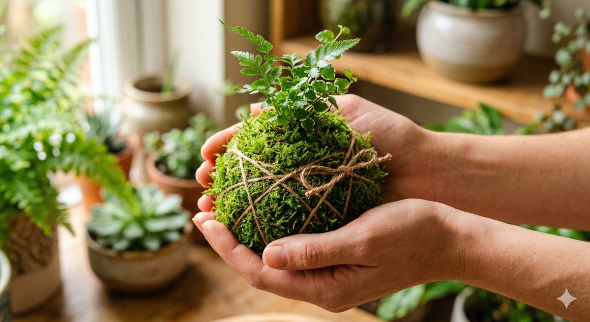 両手で優しく包み込むように作られた、コロンと可愛らしい緑の苔玉の完成品アップ