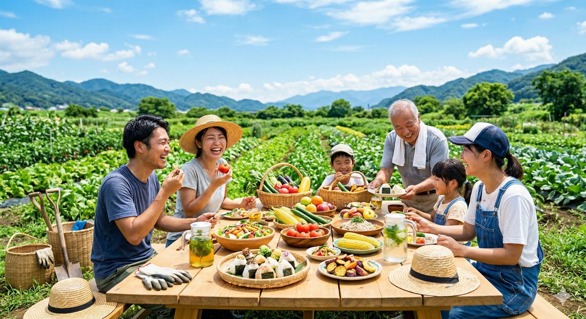 青空の下、大自然の中で爽やかな汗を流し、満面の笑みで新鮮な野菜やヘルシーな食事を楽しむ人々の様子