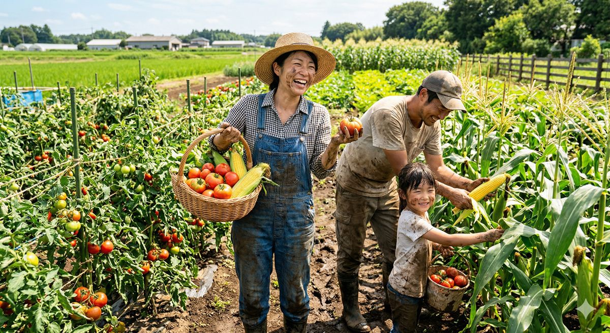 太陽の光が降り注ぐ農園で、泥だらけになりながら笑顔で新鮮なトマトやトウモロコシを収穫している風景