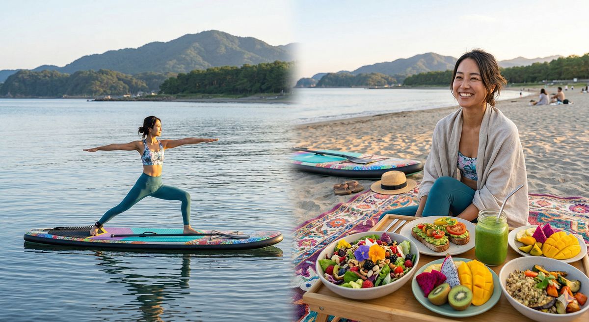 波の音が聞こえる穏やかな海でSUPヨガを楽しんだ後、ビーチでカラフルなオーガニックランチを食べる様子
