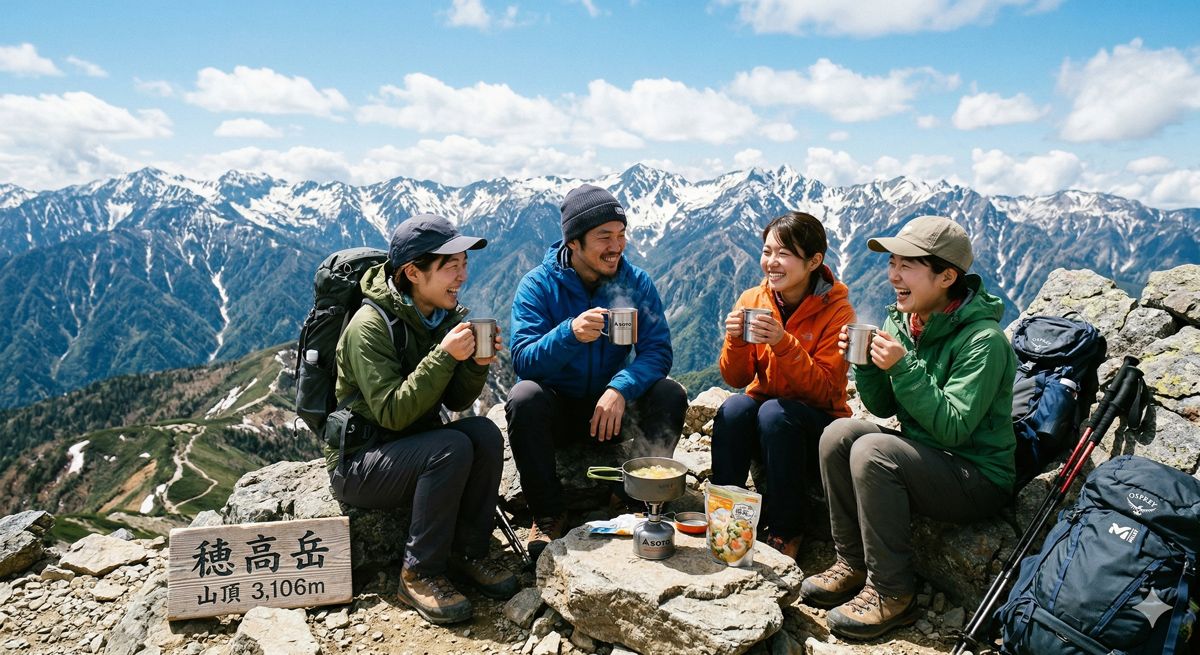 トレッキングの山頂で、息を呑むような絶景をバックに、仲間と達成感に満ちた笑顔で温かいスープを飲む姿