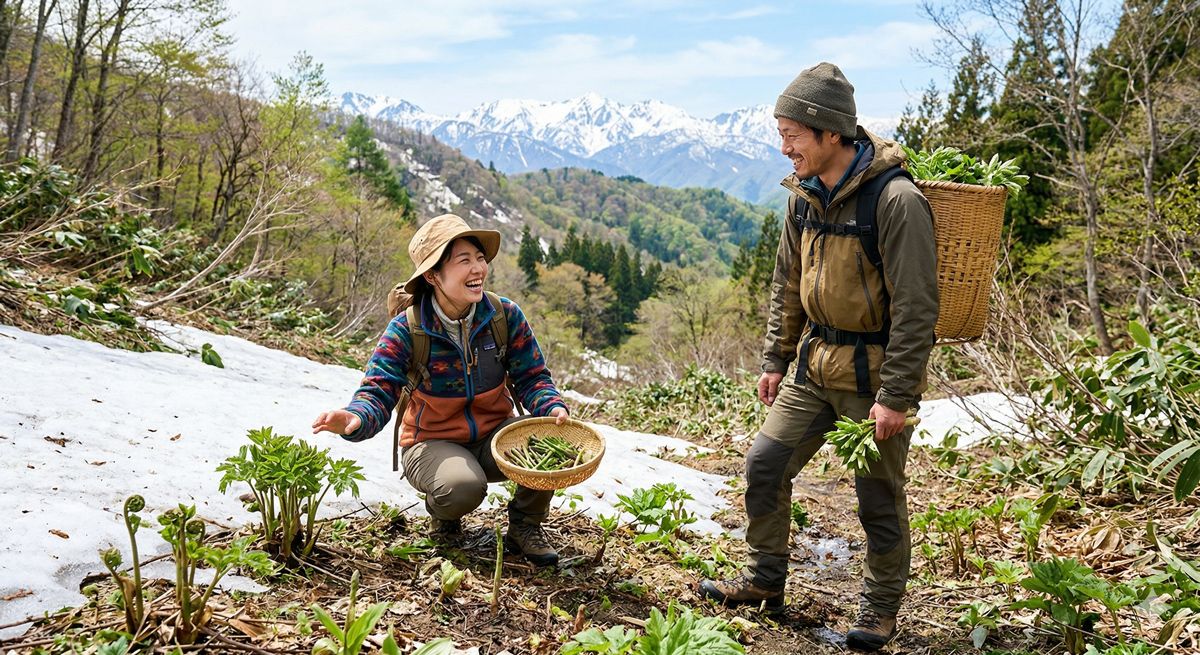 残雪の残る春の山で、カゴを持ちながら楽しそうに山菜を探している男女のアウトドア風景
