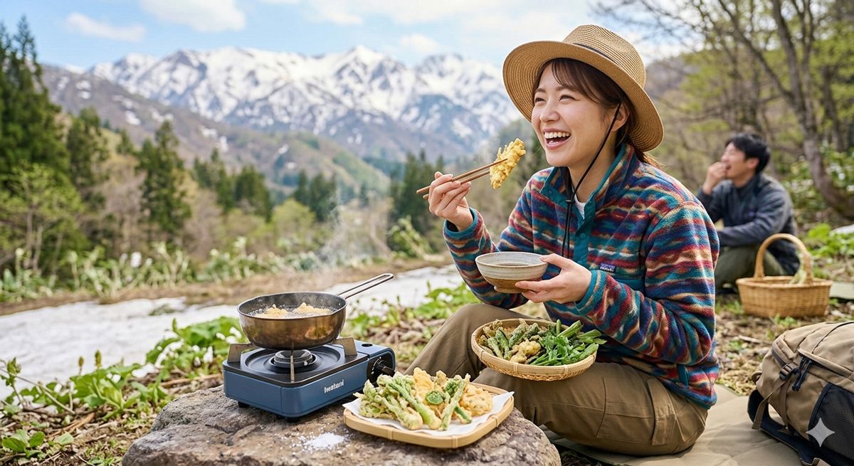大自然の中、キャンプ用のコンロで揚げたてのタラノメやワラビの天ぷらを食べている笑顔の写真
