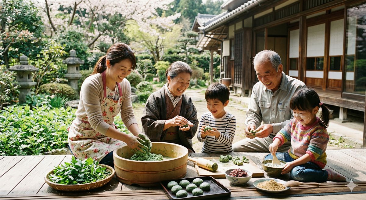 古民家の縁側で、自分たちで摘んだヨモギを使って楽しそうに草餅を作っている家族の風景