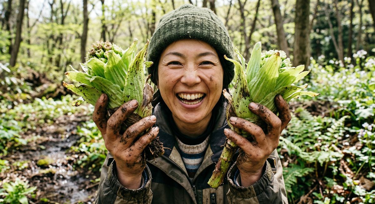 泥の少しついた手で、採れたての大きなフキノトウをカメラに向けて誇らしげに見せている笑顔のクローズアップ