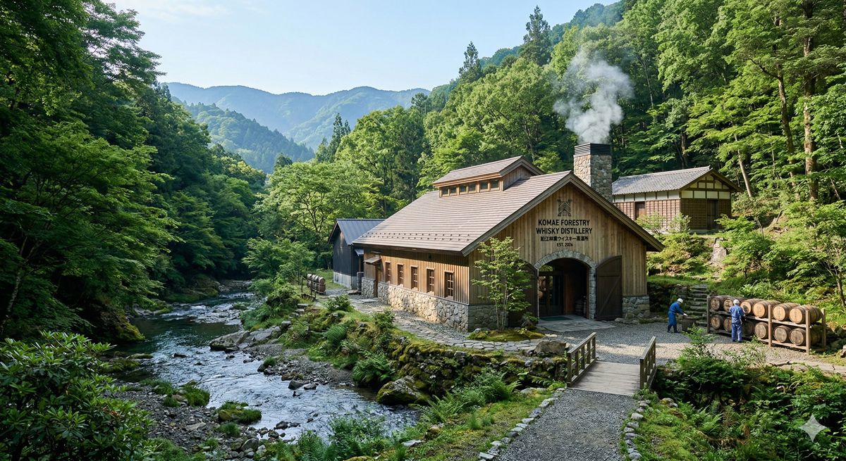 豊かな緑に囲まれた森の中にあるウイスキー蒸溜所の外観。澄んだ空気と自然の調和が感じられる風景