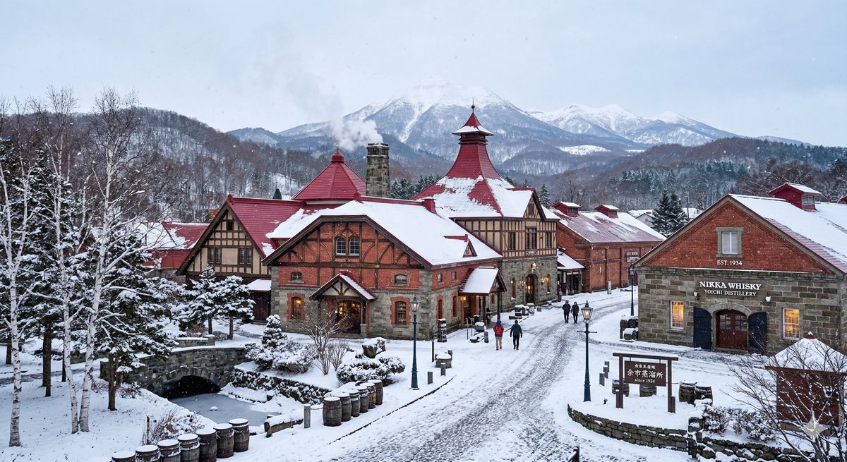 雪がうっすらと積もる中、赤い屋根の歴史的な蒸溜所の建物が立ち並ぶ、異国情緒あふれる北海道の風景