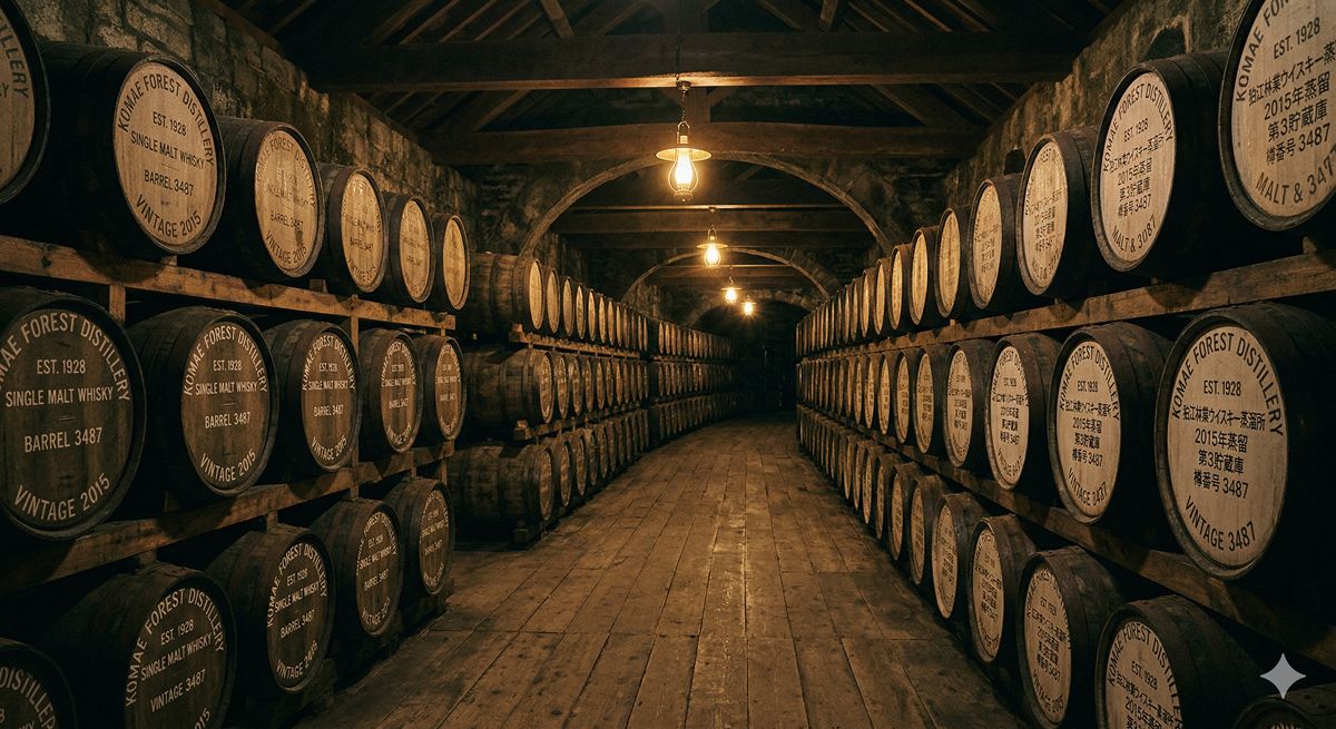 薄暗い貯蔵庫の中に、何百ものオーク樽が整然と並べられ、静かにウイスキーが熟成されている神秘的な空間