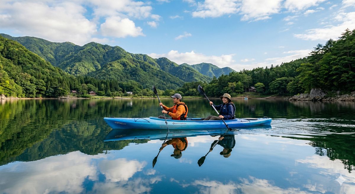 静かな湖畔や波の穏やかな海で、パドルを漕いで進む二人乗りのカヤック。青空と緑の山々が水面に反射している美しい風景