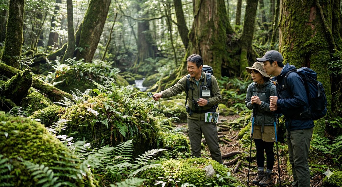 木漏れ日が差し込む深い原生林の中を、自然の解説を聞きながら歩くガイド付きトレッキングツアー。苔むした岩やシダ植物が神秘的