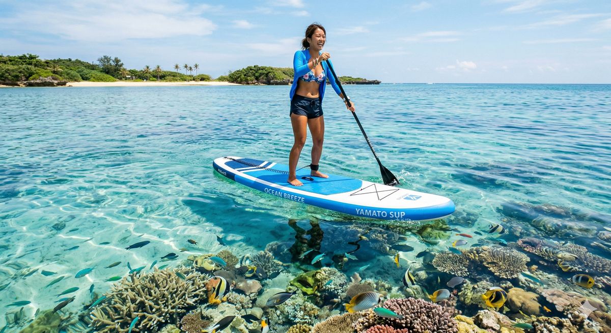 透き通るような青い海でSUPを楽しむ女性。波間に揺られながら、海中にはサンゴ礁や泳ぐ魚たちがくっきりと透けて見える