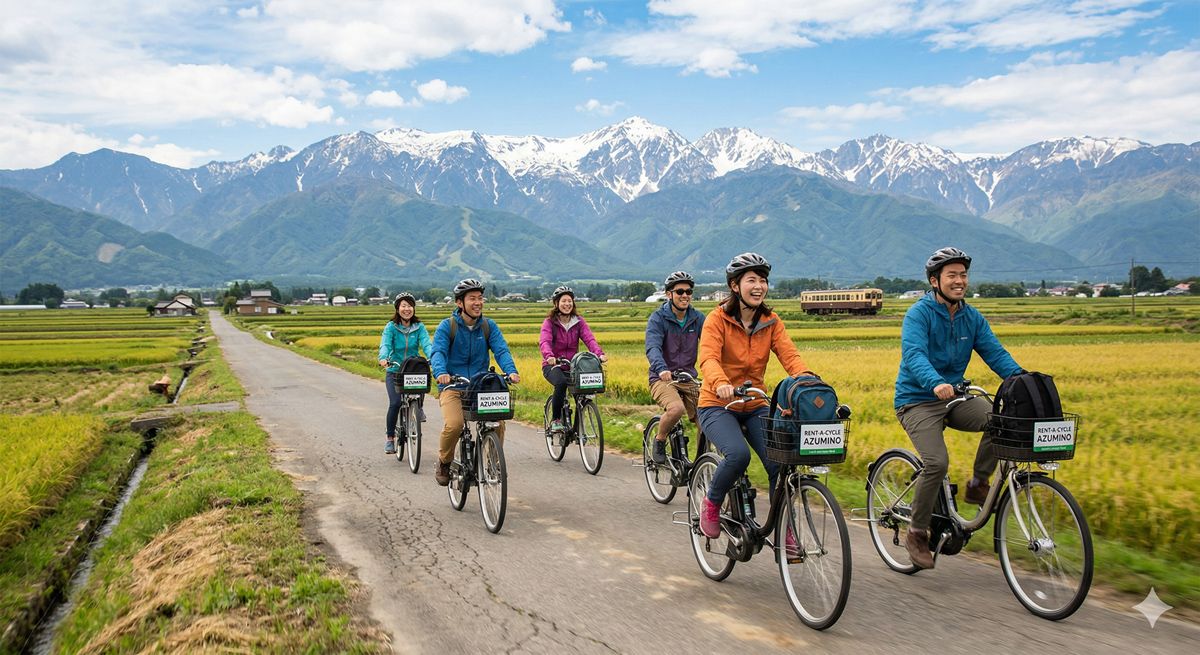 田園風景が広がるのどかな田舎道を、爽快に駆け抜けるレンタサイクルのグループ。背景には雄大な山脈がそびえ立つ