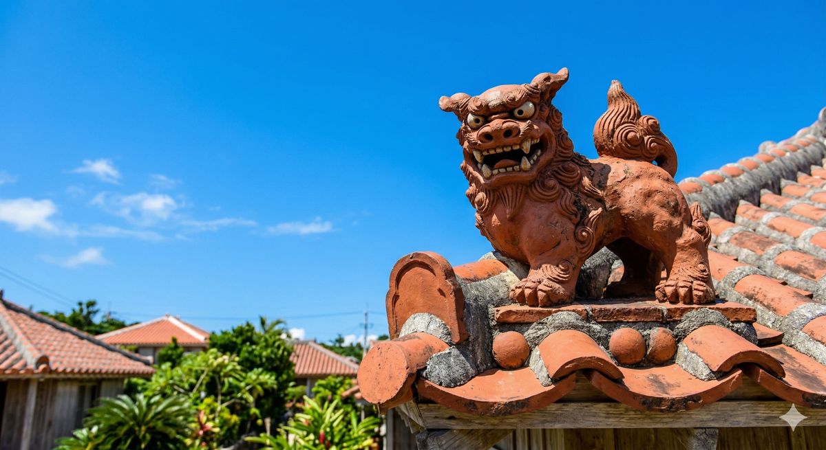 沖縄の赤瓦の屋根の上で青空を背景に力強く睨みをきかせる伝統的な漆喰シーサーの風景