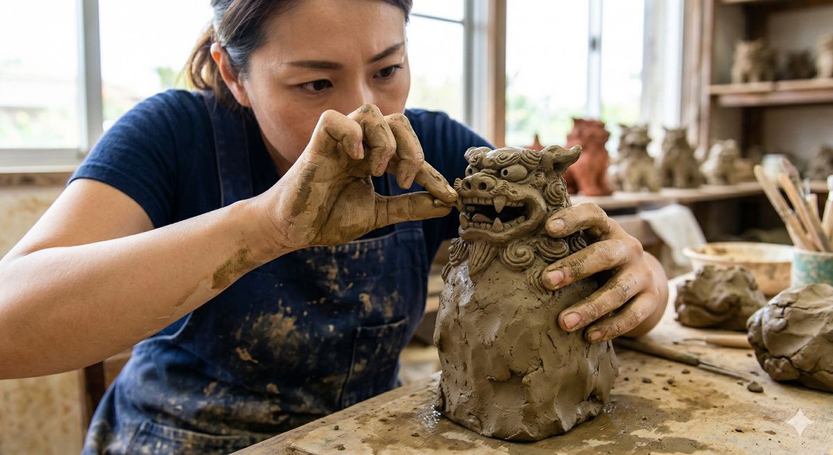 エプロン姿で土の塊をこねながら真剣な表情でシーサーの形を作っている女性の手元のアップ