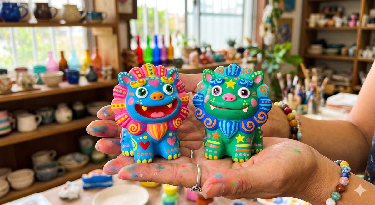 絵の具を使ってカラフルでポップな色合いに塗られた手のひらサイズの可愛らしい2匹のシーサー