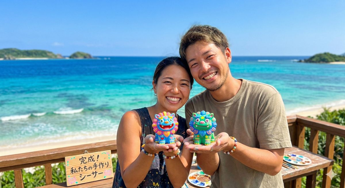 完成したばかりの自作シーサーを手に持ち笑顔でカメラを見つめるカップルの背景に広がる青い海