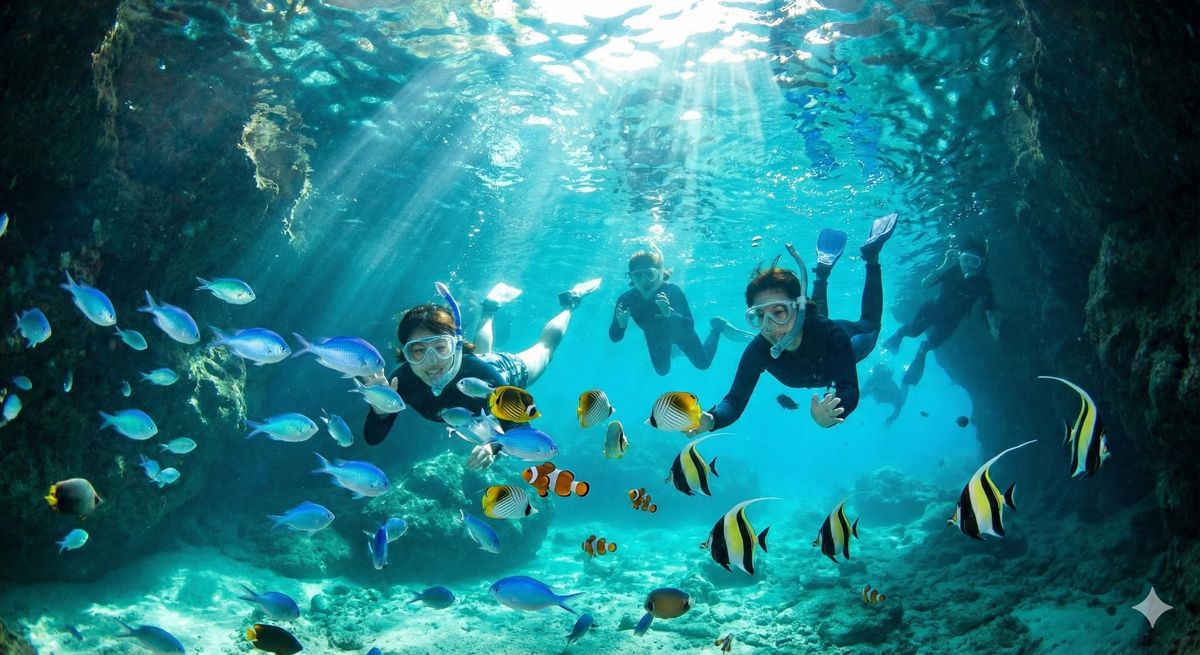 太陽の光が差し込み神秘的な青色に輝く沖縄の青の洞窟で、色とりどりの熱帯魚と一緒に泳ぐシュノーケリング