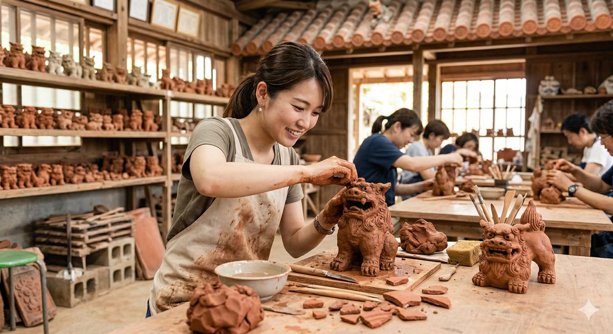沖縄の伝統的な赤瓦や粘土を使って、自分だけのオリジナルシーサーを一生懸命に手作りしている体験風景