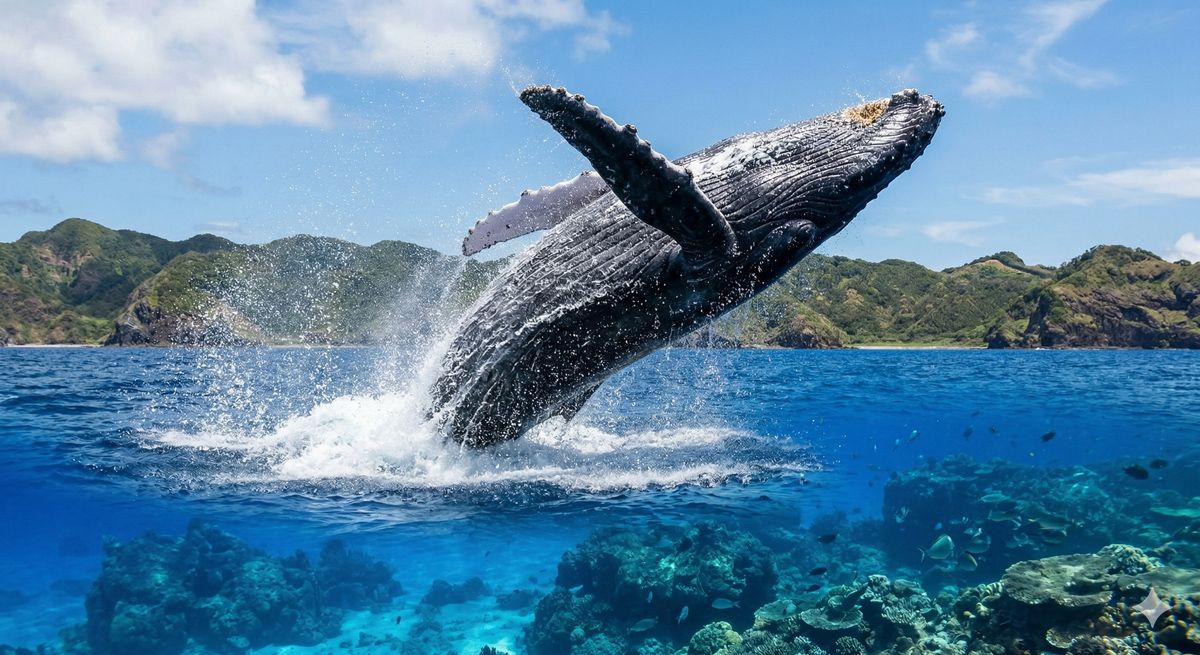 透き通るようなボニンブルーの海面からダイナミックにジャンプする巨大なザトウクジラ