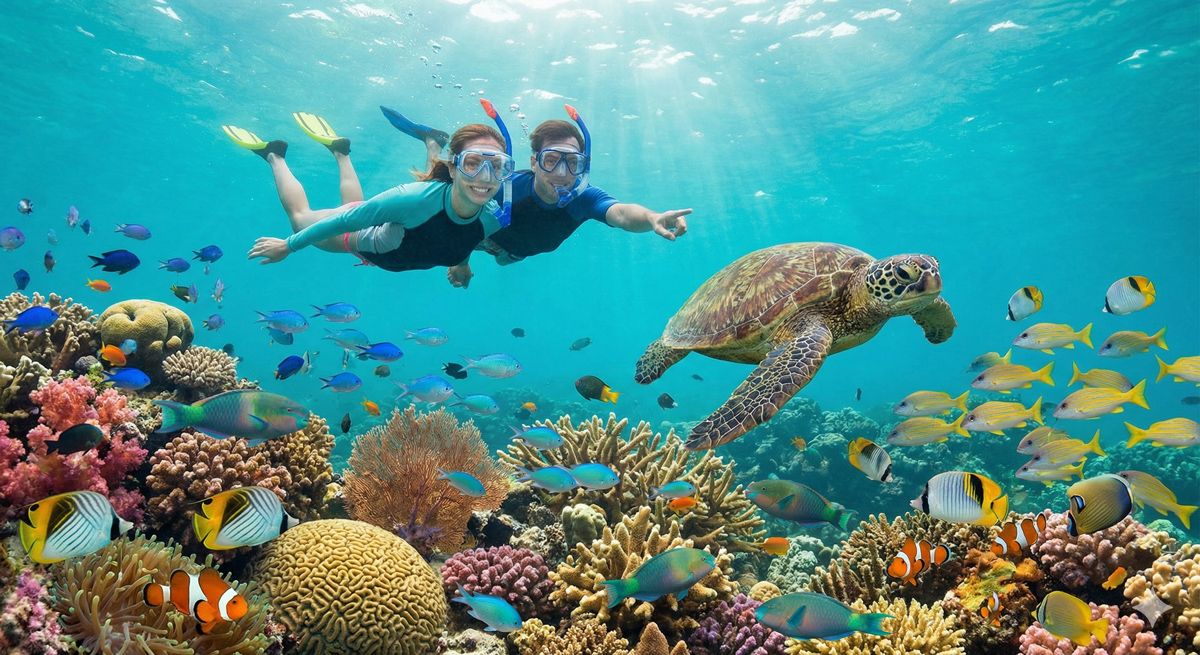 色鮮やかなサンゴ礁と熱帯魚の群れの中をウミガメと一緒に泳ぐシュノーケリングの様子