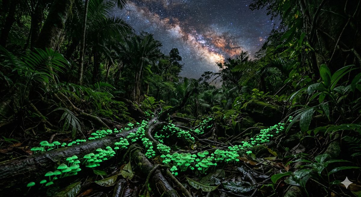 満天の星空の下、小笠原固有種の光るキノコ「グリーンペペ」が妖しく光るジャングルの夜