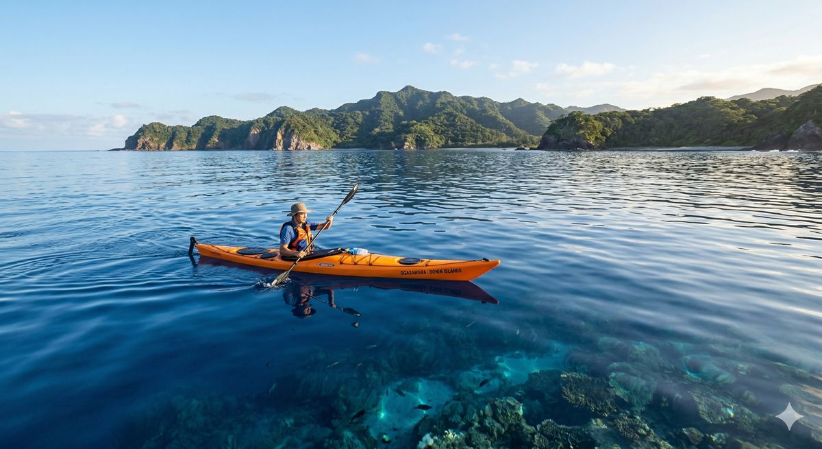 波の音だけが響く静かなボニンブルーの海面をシーカヤックでゆっくりと進む風景