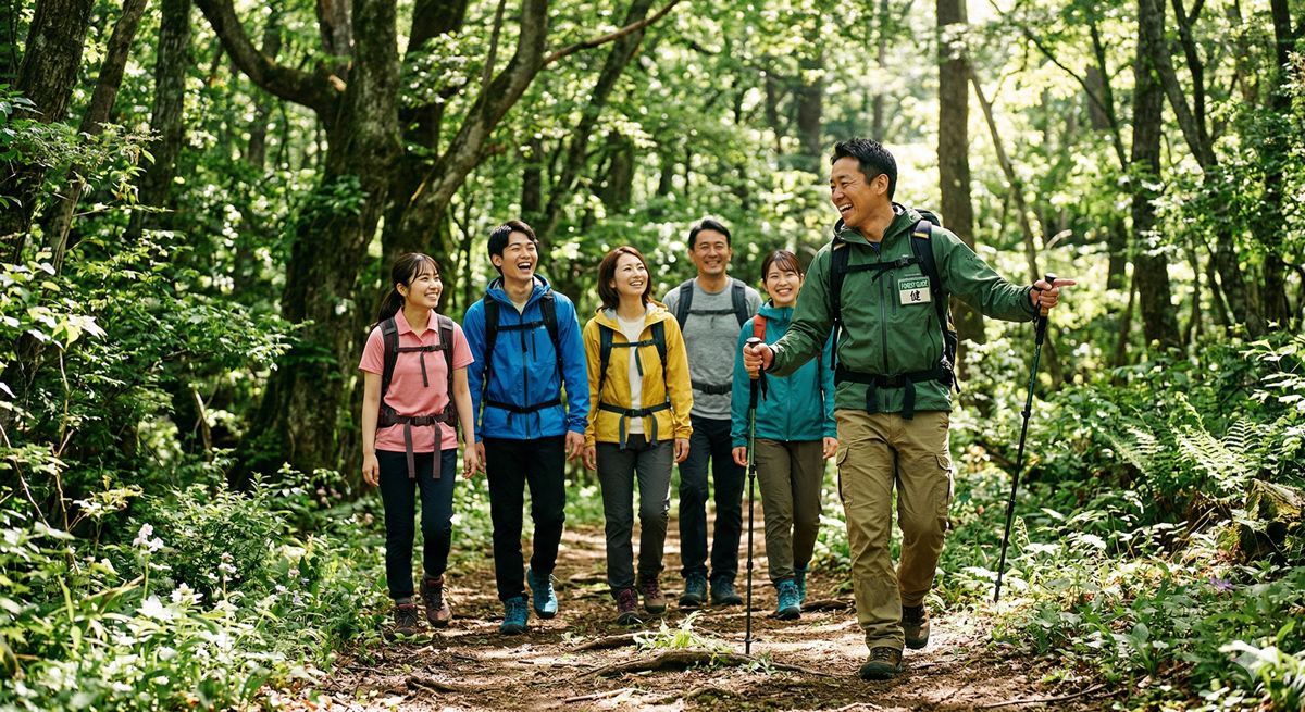 木漏れ日が差し込む森の中を、笑顔のガイドさんと一緒にワクワクしながら歩くグループの姿