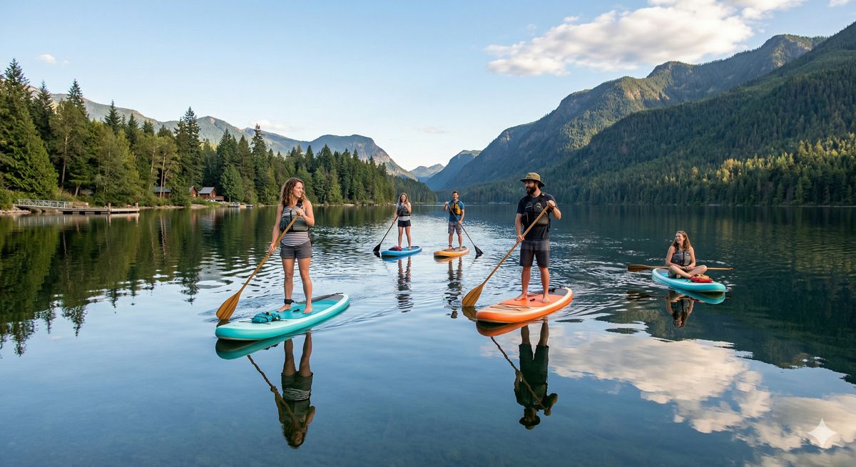 静かで波のない湖面で、SUPボードに乗りながらリラックスした表情でパドルを漕ぐ人々の風景