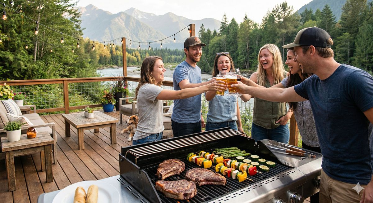大自然に囲まれたおしゃれなウッドデッキで、分厚いお肉や色鮮やかな野菜を焼きながら乾杯する様子