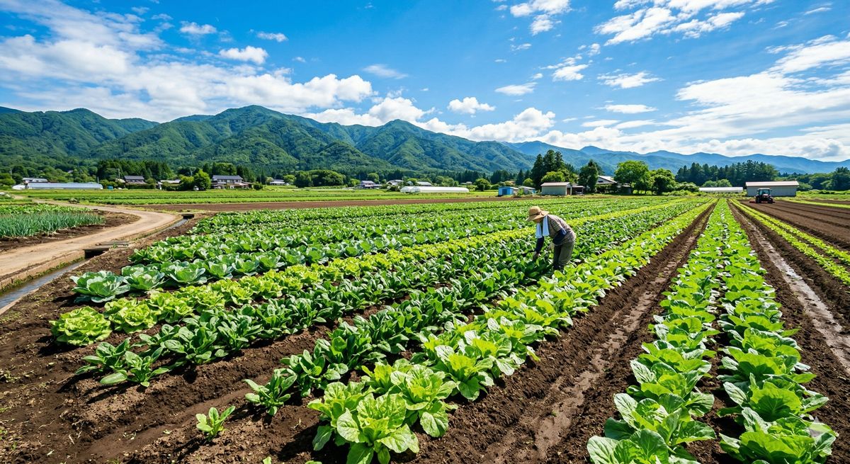 青空の下、青々とした野菜が元気に育つ広大な農地の風景。太陽の光がふかふかの土と葉を明るく照らしている様子。