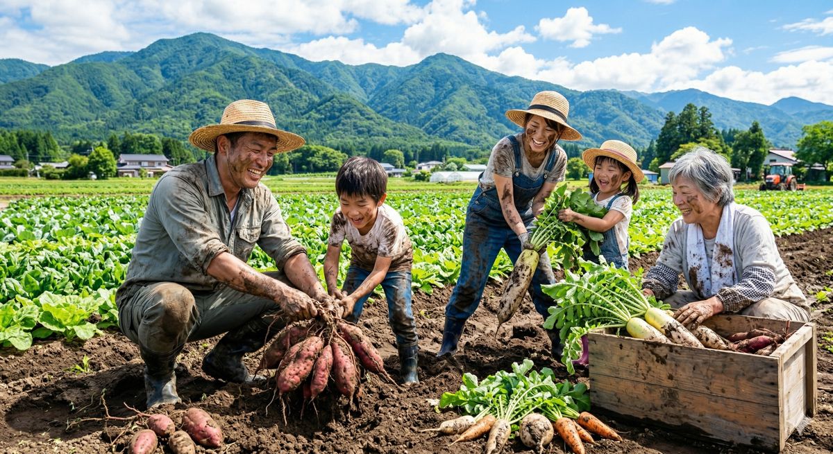 笑顔の家族が農園で泥だらけになりながら、大きなサツマイモや泥つきの大根を力いっぱい収穫している楽しい風景。