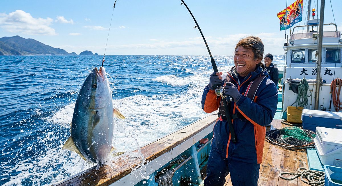 青い海を背景に、漁船の上でピチピチ跳ねる大きな魚を釣り上げて、満面の笑みを浮かべる釣り人の活気ある様子。