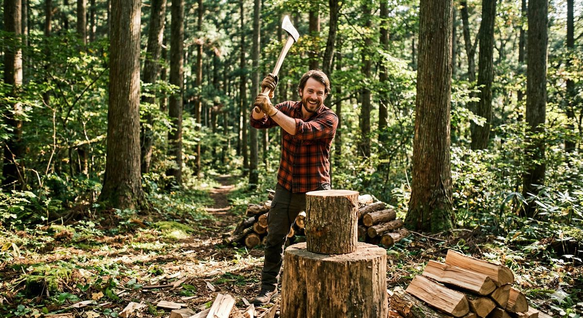 静かな森の中で、木漏れ日を浴びながら斧を高く振り上げ、綺麗に薪割りを楽しんでいる人の爽快感が伝わる風景。