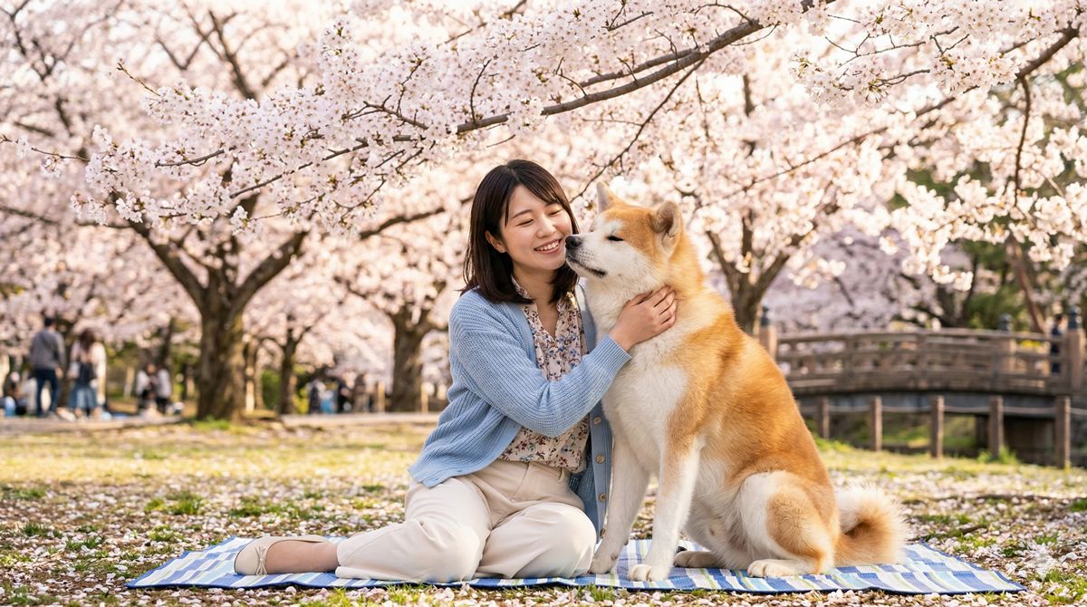 満開の桜の木の下で、春の暖かい日差しを浴びながら飼い主に優しく寄り添い微笑む秋田犬の心温まる風景