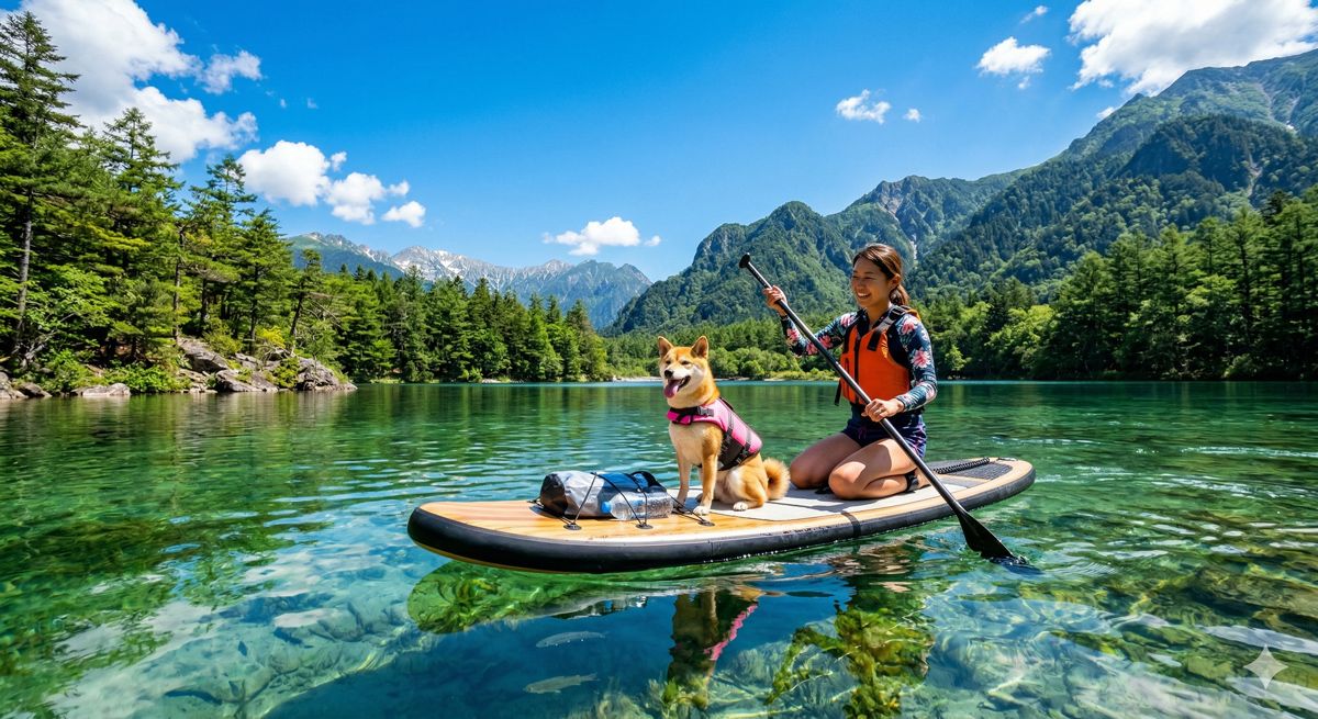 満開の桜の木の下で、春の暖かい日差しを浴びながら飼い主に優しく寄り添い微笑む秋田犬の心温まる風景