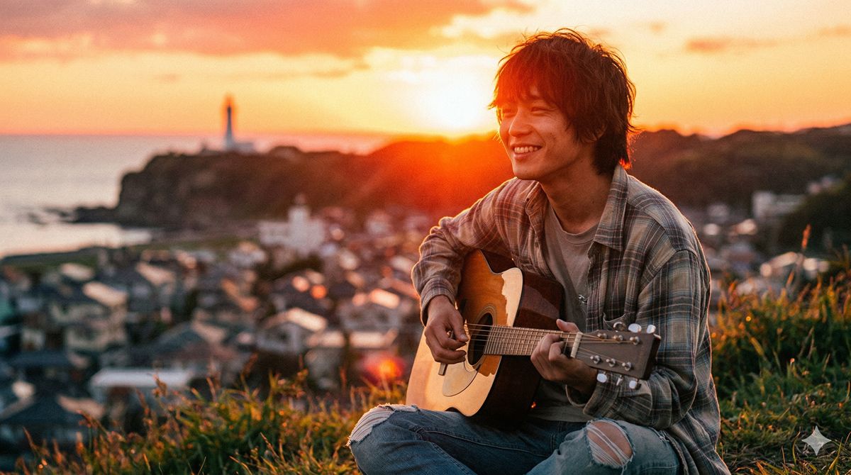 アコースティックギターを弾きながら夕日をバックに微笑む若者の姿。ノスタルジックでエモい雰囲気