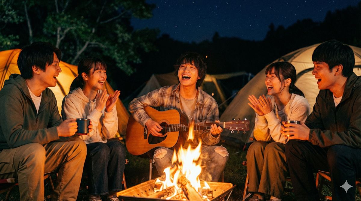 夜のキャンプ場。焚き火の炎に照らされながら、仲間たちと楽しそうにアコースティックギターを弾き語りしている様子