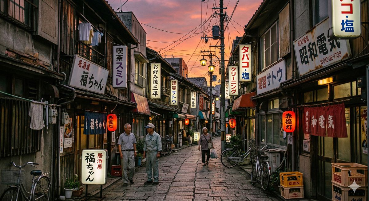 昭和レトロな雰囲気の路地裏。看板建築の建物が並び、ノスタルジックな夕暮れ時の風景