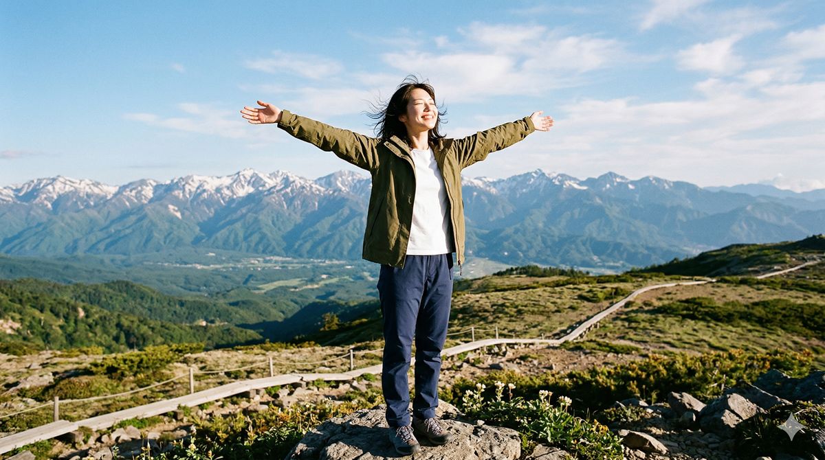 大自然の中で両手を広げて深呼吸する女性。清々しい表情で心からリフレッシュしている様子