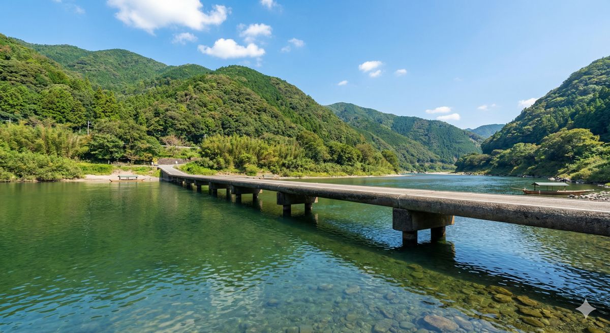 青空の下、エメラルドグリーンに輝く四万十川と欄干のない沈下橋が架かる美しい大自然の風景
