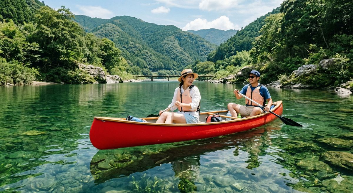 透明度の高い四万十川を赤いカヌーに乗ってゆったりと進む笑顔のカップルの様子