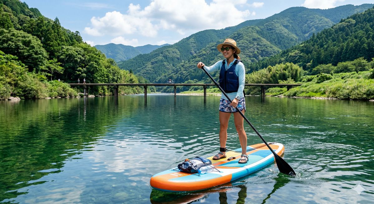 四万十川の穏やかな流れの上でSUPボードに立ち、パドルを漕ぎながら大自然を満喫する女性