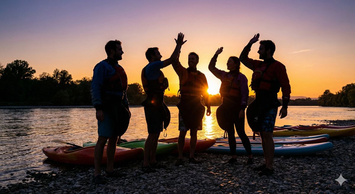 アクティビティを終えて川岸で夕日を背に笑顔でハイタッチをする友人グループのシルエット