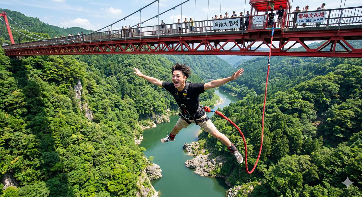 橋の上から眼下の深い緑の渓谷に向かって大の字で飛び降りる、スリルと爽快感満点のバンジージャンプの瞬間の画像