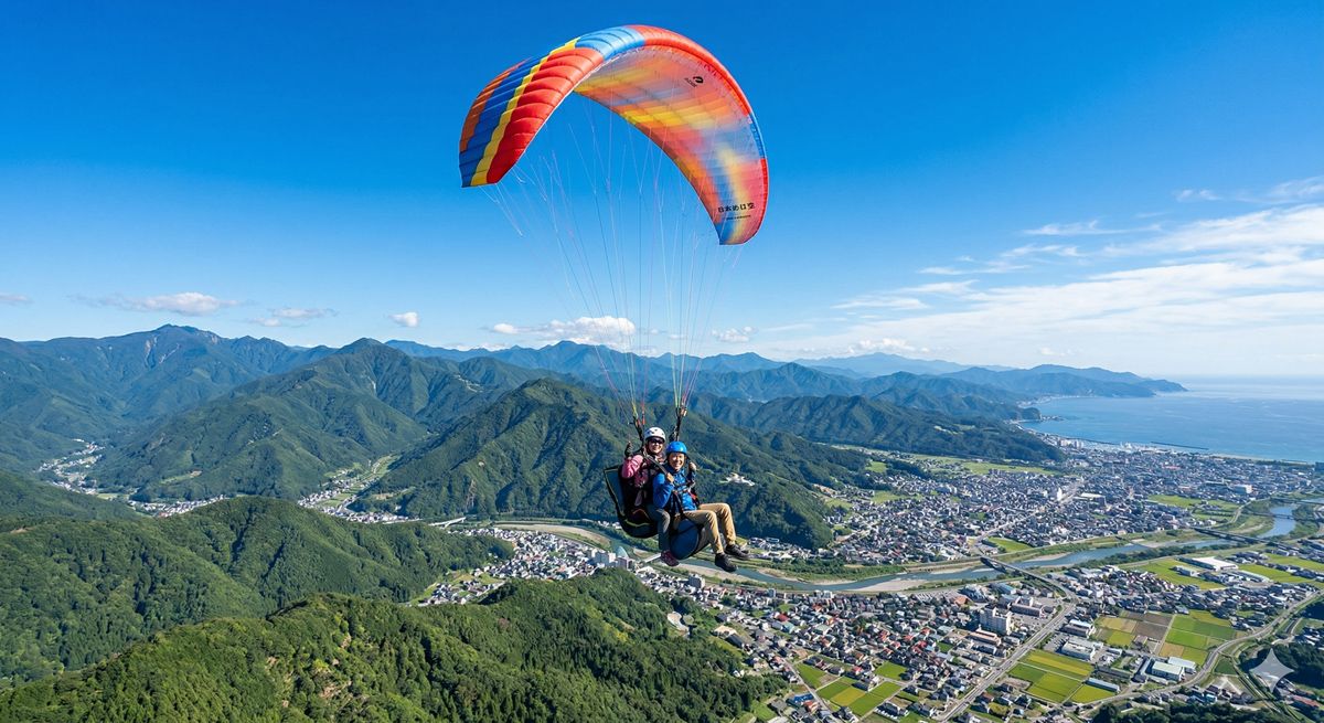 抜けるような青空の下、色鮮やかなパラグライダーで山々や街並みを見下ろしながら空中散歩を楽しむ、開放感あふれる風景の画像