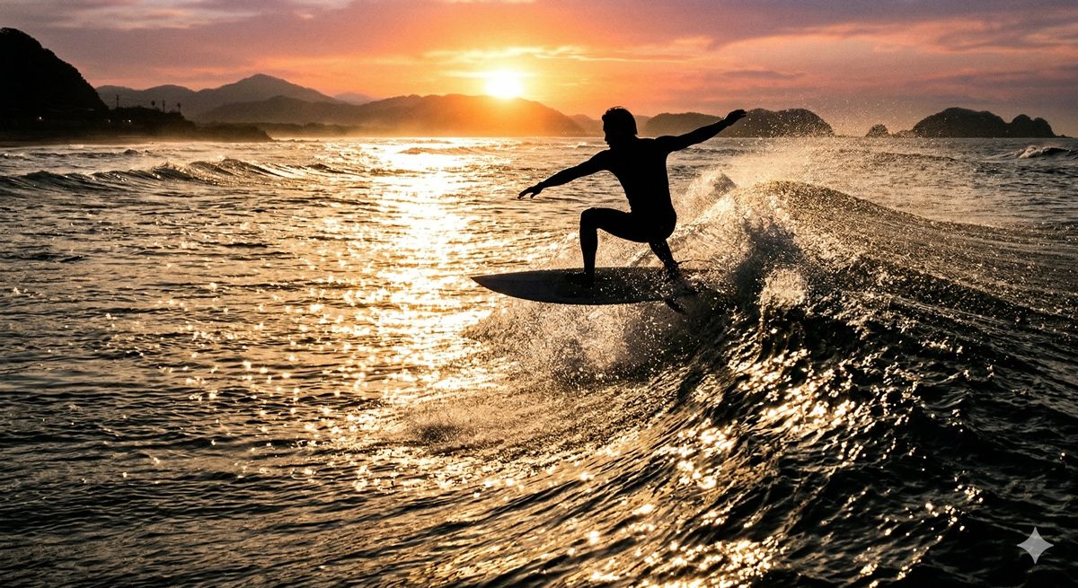 きらきらと輝く海で、波の斜面を滑り降りながら見事にサーフボードの上に立ち上がった瞬間の躍動感あるシルエット画像