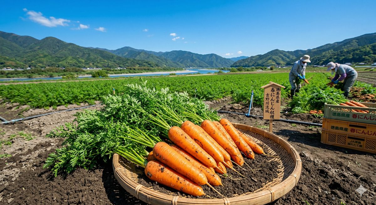 真っ青な空の下、広大な吉野川流域の畑で収穫されたばかりのみずみずしく鮮やかなオレンジ色の徳島県産春にんじん