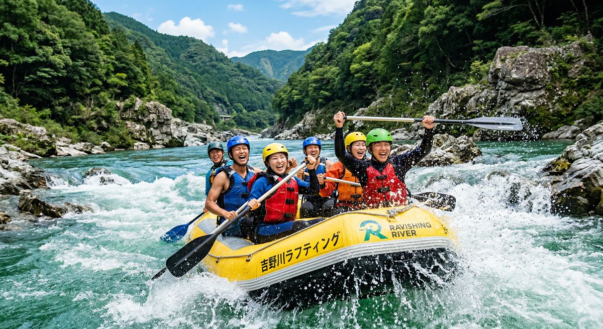 エメラルドグリーンの吉野川の激流を、水しぶきを上げながら弾ける笑顔で進むラフティングボートの様子